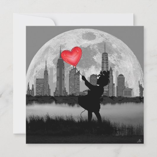 NEW YORK Full Moon Girl met Heart Balloon Art Kaar (Voorkant)