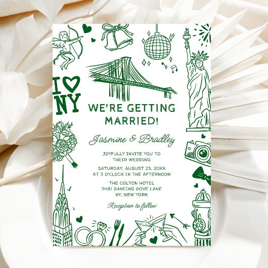 New York Fun Doodle Wedding Kaart