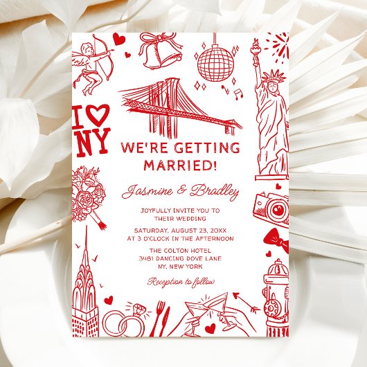 New York Fun Doodle Wedding Kaart