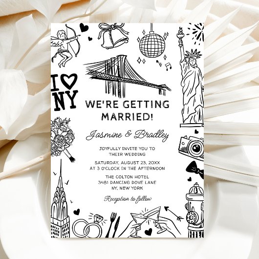 New York Fun Doodle Wedding Kaart
