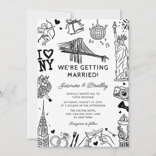 New York Fun Doodle Wedding Kaart (Voorkant)