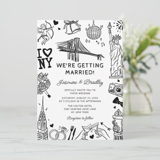 New York Fun Doodle Wedding Kaart (Staand voorkant)