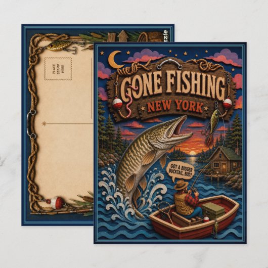 New York Gone Fishing Muskellunge Briefkaart (Voorkant / Achterkant)