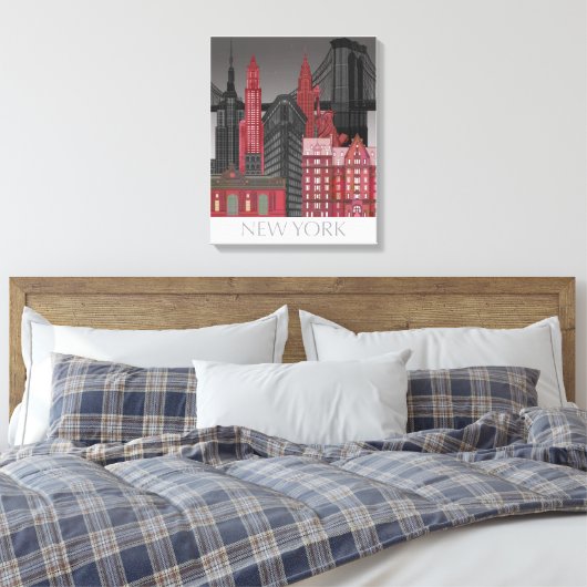 New York Hoogte van nacht - Rood Canvas Afdruk (Insitu (Slaapkamer))