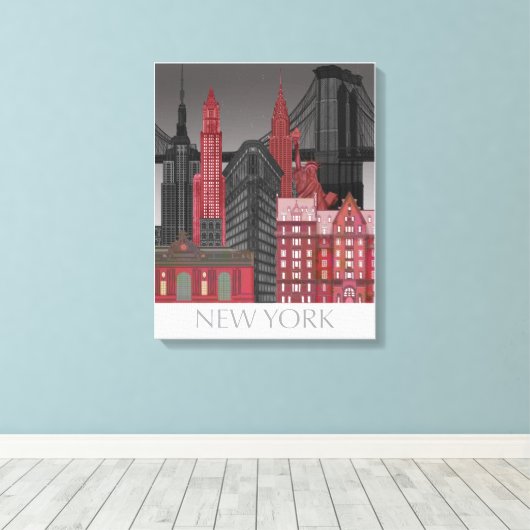 New York Hoogte van nacht - Rood Canvas Afdruk (Insitu (Houten vloer))