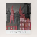 New York Hoogte van nacht - Rood Legpuzzel<br><div class="desc">"New York Elevations by Night Red" door Fab Funky. Kenmerkt populaire New York City-mijlpalen 's nachts in een rood en grijs kleurenschema.</div>