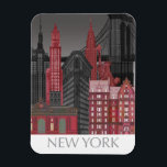 New York Hoogte van nacht - Rood Magneet<br><div class="desc">"New York Elevations by Night Red" door Fab Funky. Kenmerkt populaire New York City-mijlpalen 's nachts in een rood en grijs kleurenschema.</div>