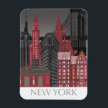 New York Hoogte van nacht - Rood Magneet<br><div class="desc">"New York Elevations by Night Red" door Fab Funky. Kenmerkt populaire New York City-mijlpalen 's nachts in een rood en grijs kleurenschema.</div>