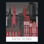 New York Hoogte van nacht - Rood Poster<br><div class="desc">"New York Elevations by Night Red" door Fab Funky. Kenmerkt populaire New York City-mijlpalen 's nachts in een rood en grijs kleurenschema.</div>