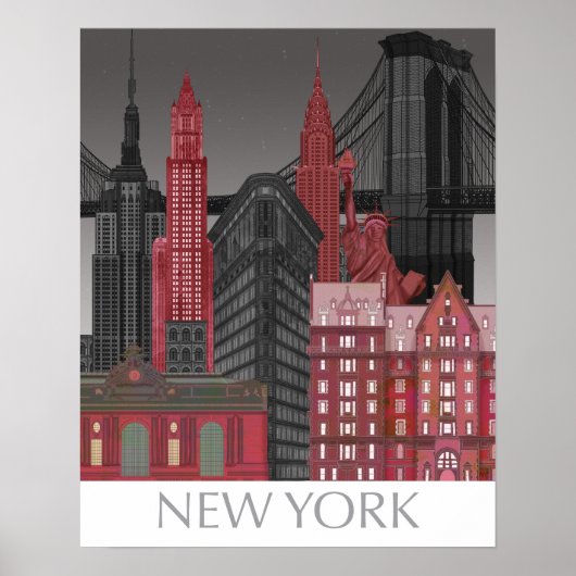 New York Hoogte van nacht - Rood Poster (Voorkant)