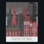 New York Hoogte van nacht - Rood Puzzel<br><div class="desc">"New York Elevations by Night Red" door Fab Funky. Kenmerkt populaire New York City-mijlpalen 's nachts in een rood en grijs kleurenschema.</div>