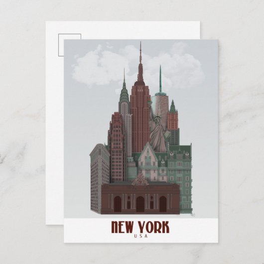 New York in Clouds - Donkerrood en groen Briefkaart (Voorkant / Achterkant)