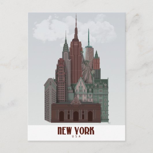 New York in Clouds - Donkerrood en groen Briefkaart (Voorkant)