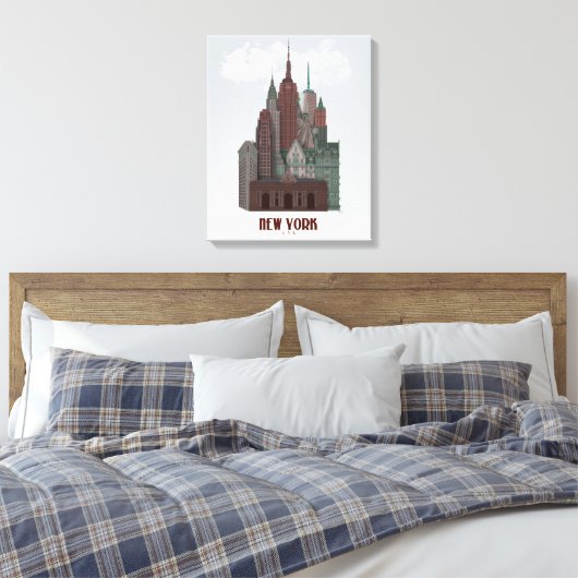 New York in Clouds - Donkerrood en groen Canvas Afdruk (Insitu (Slaapkamer))