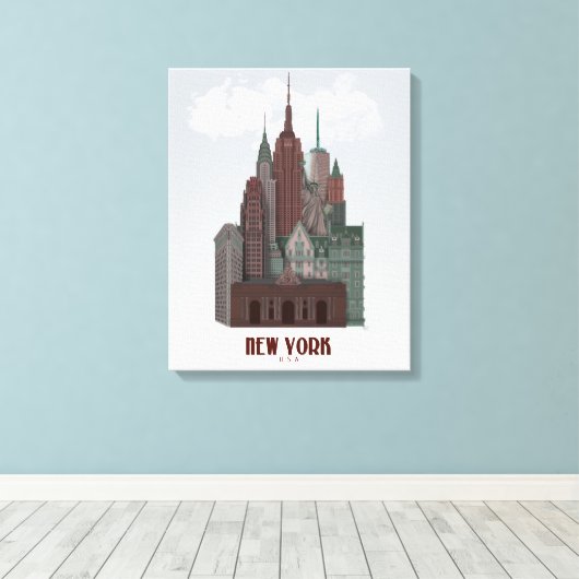 New York in Clouds - Donkerrood en groen Canvas Afdruk (Insitu (Houten vloer))