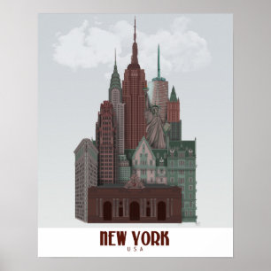 New York in Clouds - Donkerrood en groen Poster