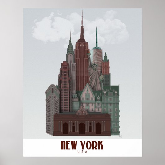 New York in Clouds - Donkerrood en groen Poster (Voorkant)
