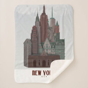 New York in Clouds - Donkerrood en groen Sherpa Deken