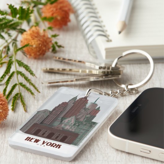 New York in Clouds - Donkerrood en groen Sleutelhanger (Voorkant Rechts)
