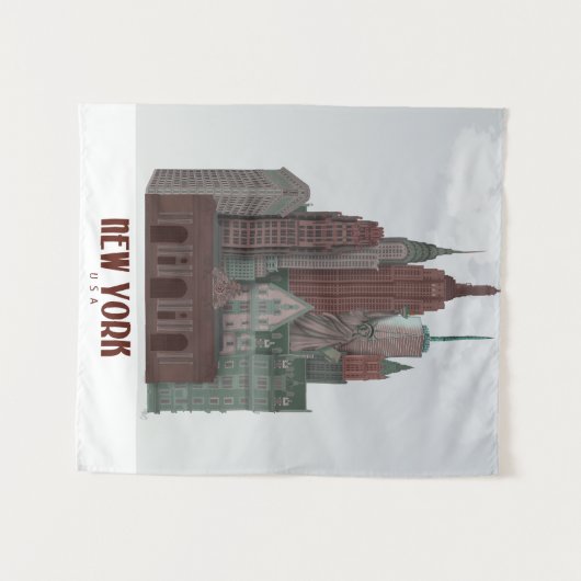 New York in Clouds - Donkerrood en groen Wandkleed (Voorkant (horizontaal))