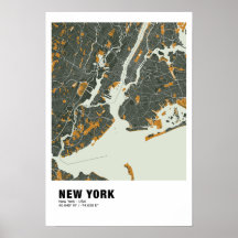 New York Kaart Poster - New York Groen & Geel Kaar