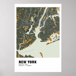 New York Kaart Poster - New York Groen & Geel Kaar