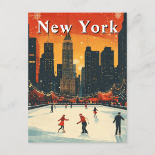 New York Kerst IJs Schaatsen Retro Briefkaart