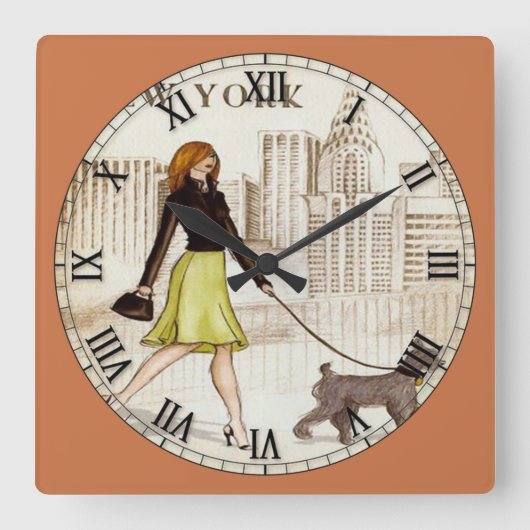 New York Lady Walking Dog Roman Numeral Vierkante Klok (Voorkant)