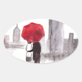 New York liefdeskoppel met rode paraplu Ovale Sticker
