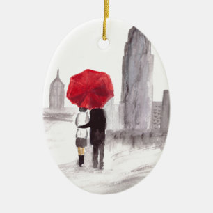 New York love koppel red umbrella NYC waterverf Keramisch Ornament