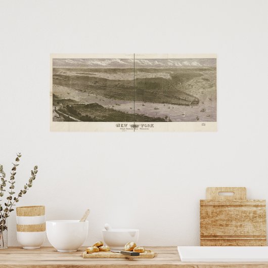 New York Manhattan 1876 Antiek Panorama Poster (Keuken)