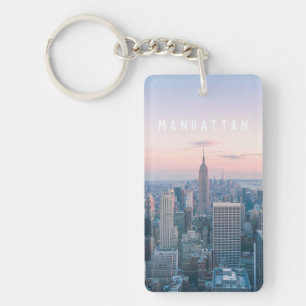 New York Manhattan Text Pink Blue Skyline Sunset Sleutelhanger