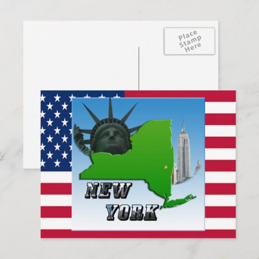 New York Map, Vrijheidsbeeld, Monument Briefkaart (Voorkant / Achterkant)