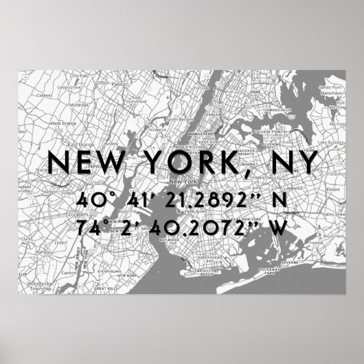 New York Map zwart wit en grijs gepersonaliseerd Poster (Voorkant)
