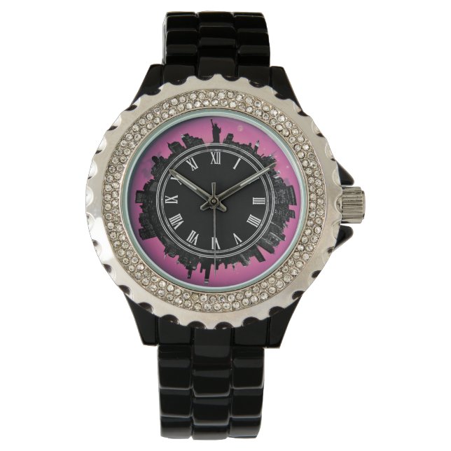 New York night skyline roze Horloge (Voorkant)