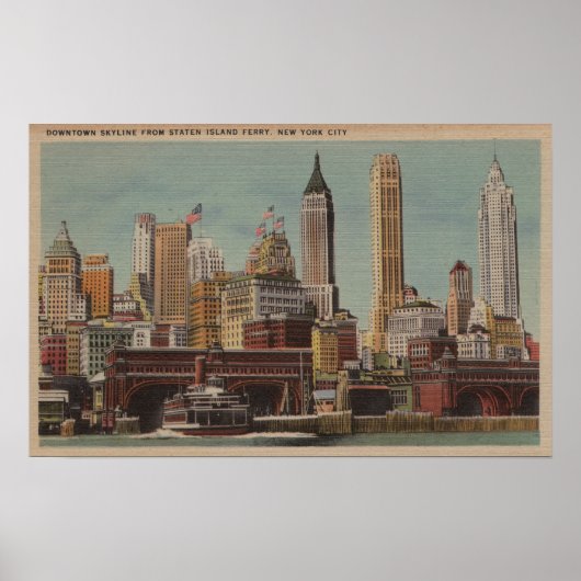 New York, NY - Downtown Skyline uit Staten Poster (Voorkant)