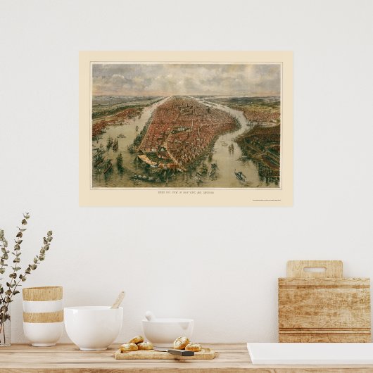 New York, NY Panoramic Map - 1865 Poster (Keuken)