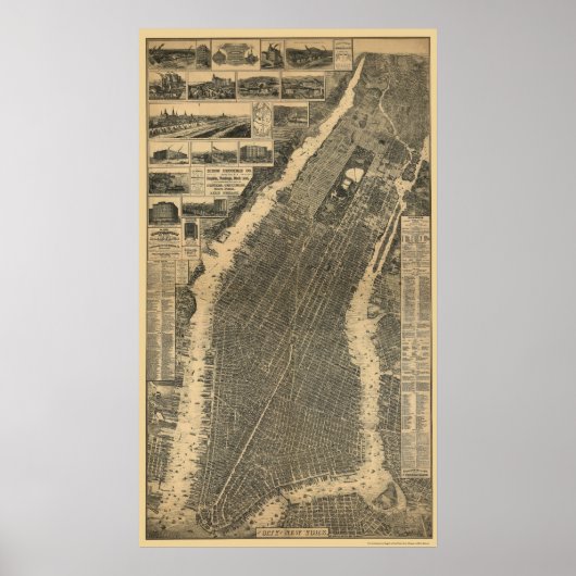 New York, NY Panoramic Map - 1879 Poster (Voorkant)