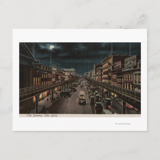 New York, NY - The Bowery - Night Scene Briefkaart (Voorkant)