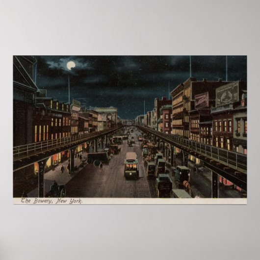 New York, NY - The Bowery - Night Scene Poster (Voorkant)