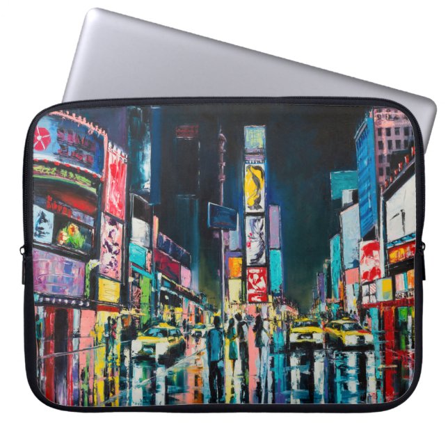 'New York' olieschilderij, een nachtelijk uitzicht Laptop Sleeve (Voorkant)