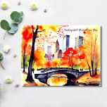 New York park herfst waterverf goede wensen Briefkaart<br><div class="desc">New York park herfst waterverf wenst goed te denken aan je briefkaart. Waterverf New York Central Park met geel gebladerte bladeren bridge river</div>