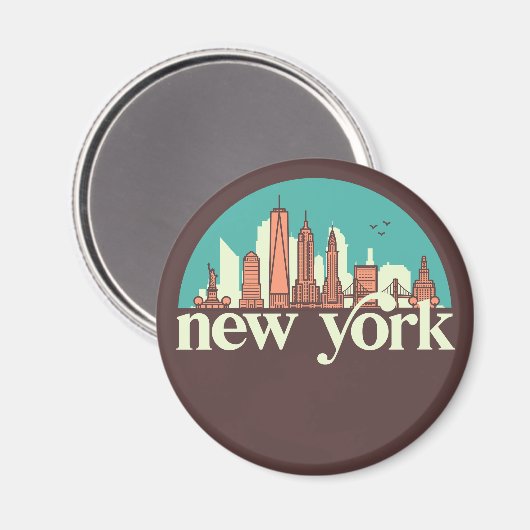 New York  Retro City Skyline Cityscape Art Magneet (Voorkant / Achterkant)