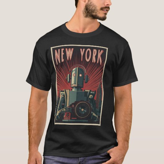 New York Robot Tourist – Art Deco Travel Poster T-shirt (Voorkant)
