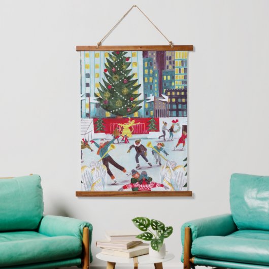 New York Rockefeller center kerstskateboarder Hangend Wandkleed (Woonkamer)