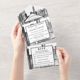 New York RSVP Black en White Modern Wedding All In One Uitnodiging