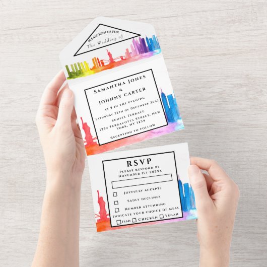 New York RSVP Rainbow Modern Wedding All In One Uitnodiging (Afscheurbaar)