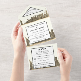 New York RSVP Waterverf Black Modern Wedding All In One Uitnodiging