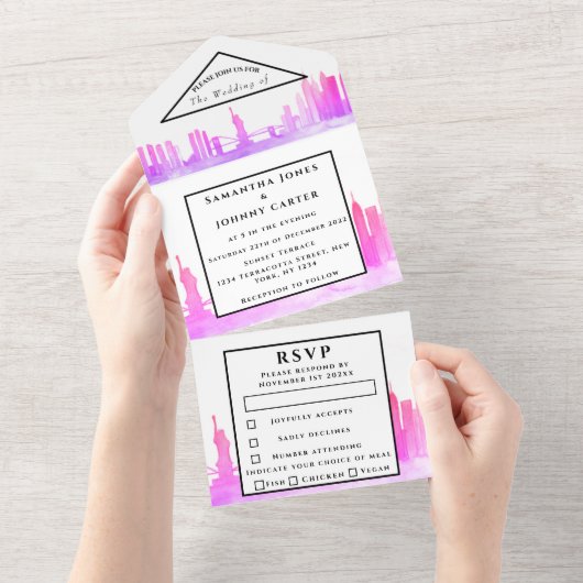 New York RSVP Waterverf Pink Modern Wedding All In One Uitnodiging (Afscheurbaar)