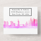 New York RSVP Waterverf Pink Modern Wedding All In One Uitnodiging (Achterkant)